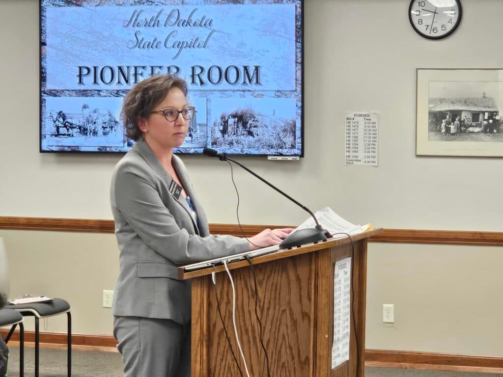  Rep. Karla Rose Hanson, D-Fargo, testifies Jan. 29, 2025, in favor of two bill reproductive rights bills she is sponsoring.
