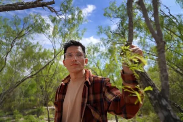 Yankton Sioux and Apache tribal member Adrian Primeaux, stands for a portrait at the Indigenous Peyote Conservation Initiative, a spiritual homesite and peyote conservation site for Native American Church members on 605 acres of land in the peyote gardens of South Texas, Monday, March 25, 2024, in Hebbronville, Texas.