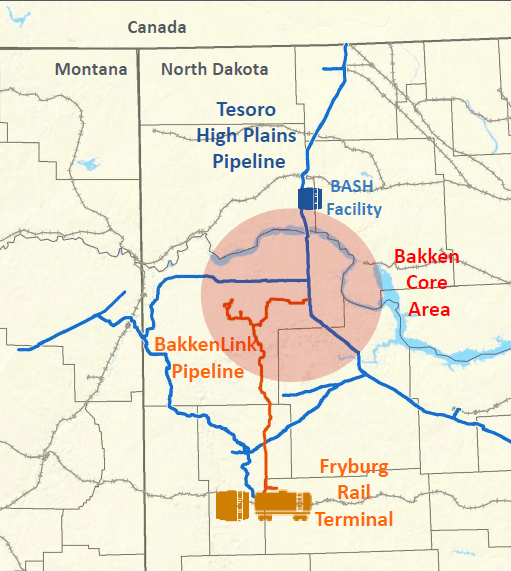 The Tesoro High Plains Pipeline is located within the Fort Berthold Reservation in North Dakota. The dark blue line highlights its route.