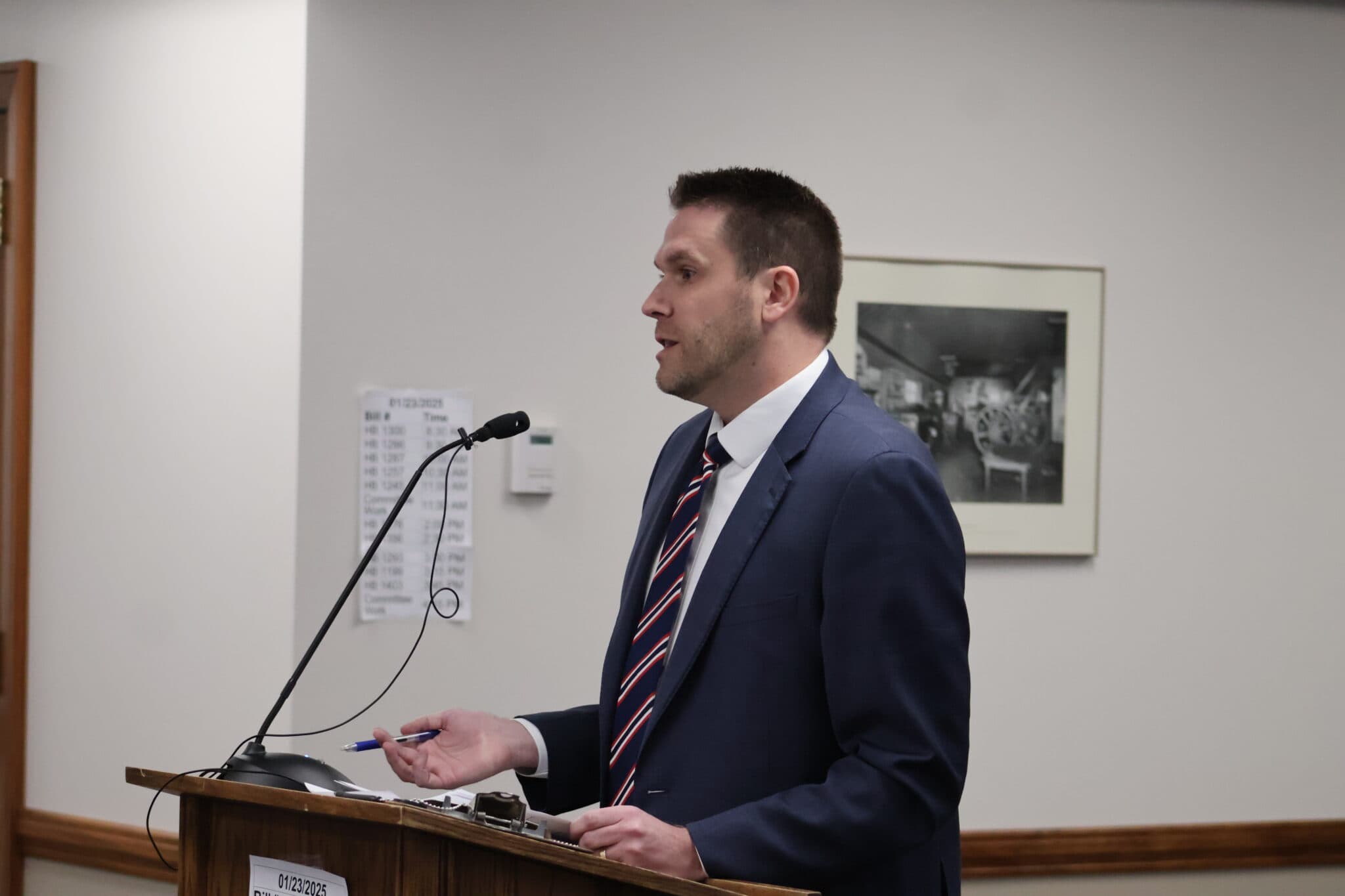 North Dakota Secretary of State Michael Howe speaks in opposition to a bill to require voter registration in North Dakota on Jan. 23, 2025.