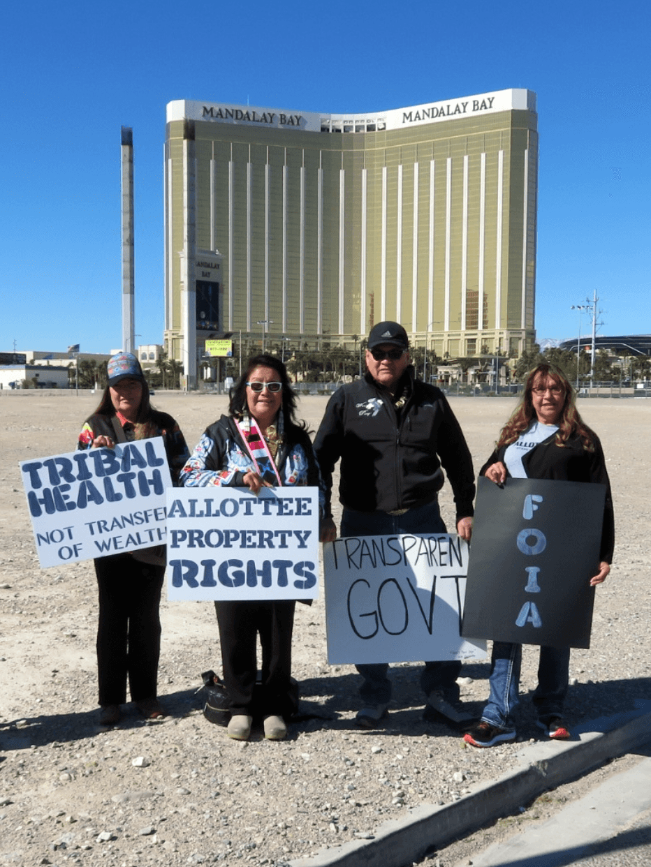 Mandan, Hidatsa and Arikara Nations citizens peacefully protest in April 4, 2024 outside the MHA Nation’s $115 million property purchase near the Las Vegas strip. Patti Jo Hall (right) holds a Freedom of Information Act sign to call attention to decisions made by the Three Affiliated Tribes Tribal Business Council without input from tribal citizens.