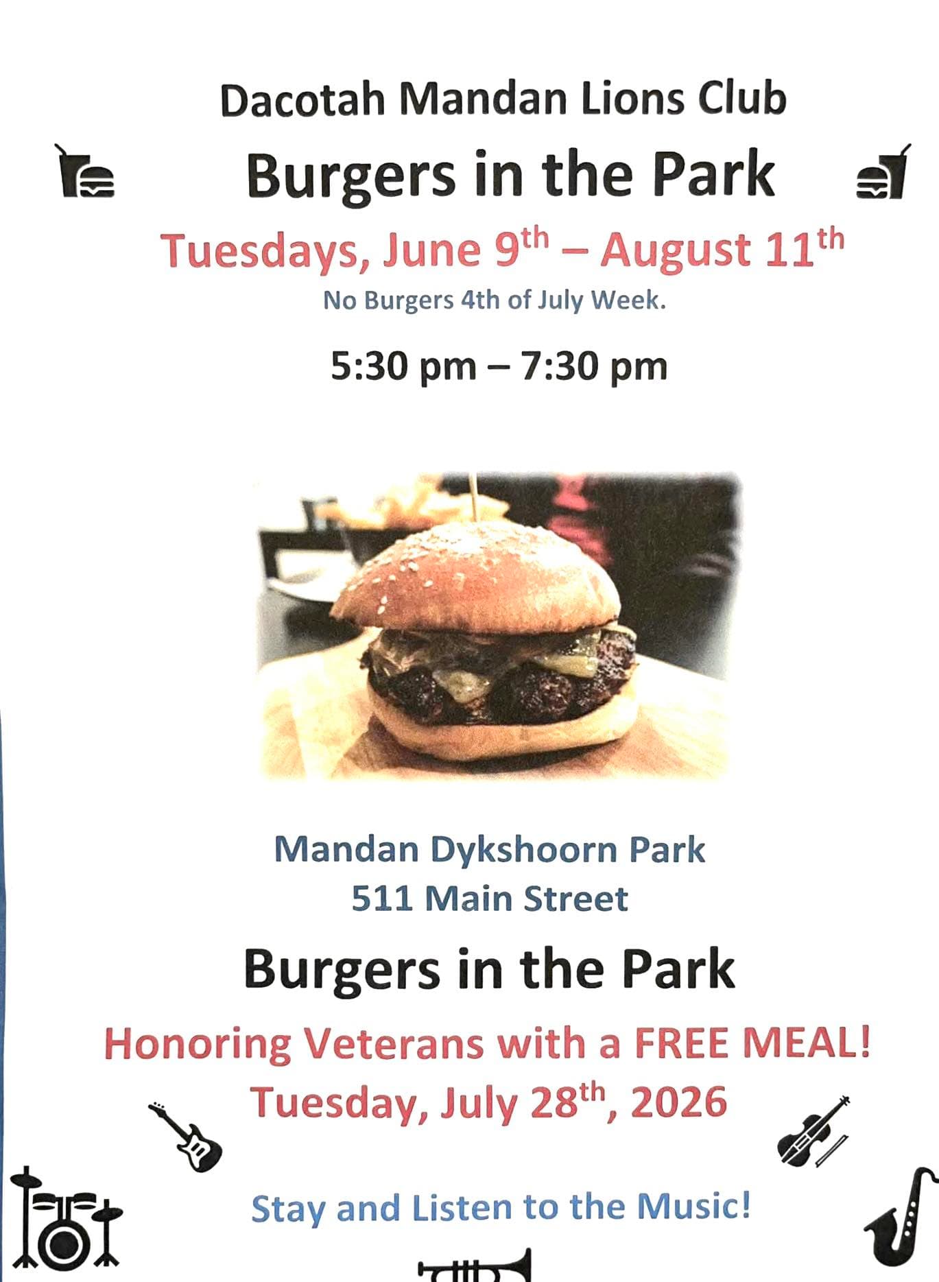 Dacotah Mandan Lions Club schedules Burgers in the Park series