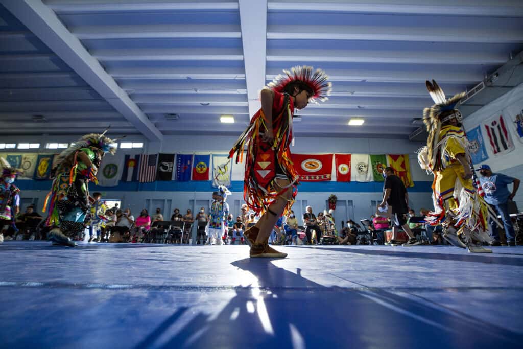 Raul (10) competes in a grass dance competition at the Denver Art Museum Friendship Powwow and American Indian Cultural Celebration at the Denver Indian Center on Morrison Road. Sept. 12, 2021.