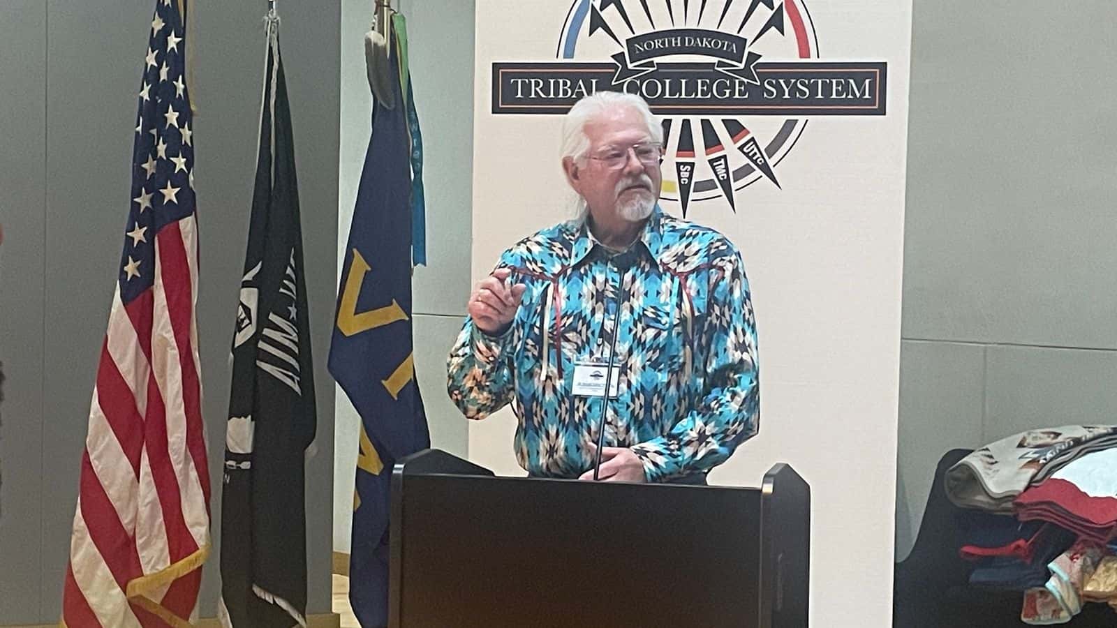 Gerald “Carty” Monette, a founding board member of the NDTCS and president of Turtle Mountain College from 1975 to 2005. He shared the history of tribal colleges during the 30th-anniversary celebration on Dec. 5.