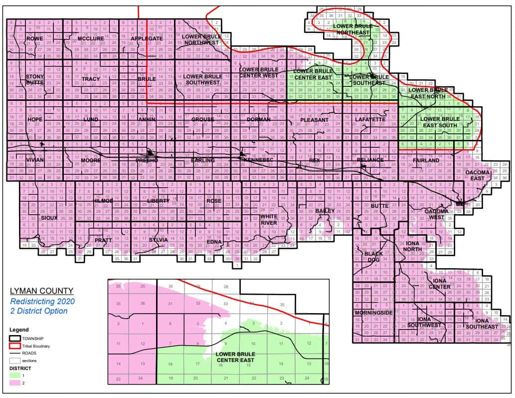 Bounded by the Missouri River on the northeast and the White River on the south, Lyman County has a new 95.6-percent Native voting-age District 1 (green color) to elect two commissioners from the reservation area. Its new District 2 (purple color) will elect three commissioners.