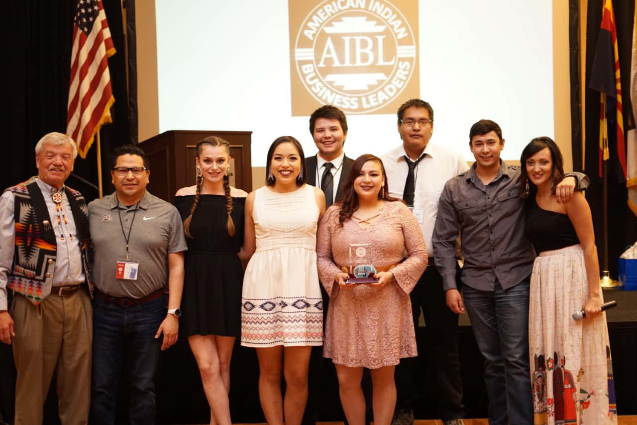 Members of UM’s chapter of American Indian Business Leaders attended the national AIBL conference in Arizona in April and took first-place in the business plan competition. From left: AIBL Faculty Adviser Larry Gianchetta, Craig Brown, Lauren Clairmont, Jordynn Paz, Terydon Hall, Courtney Little Axe, Richard Mittens, Zachary Wagner and AIBL Executive Director Prairie Bighorn.