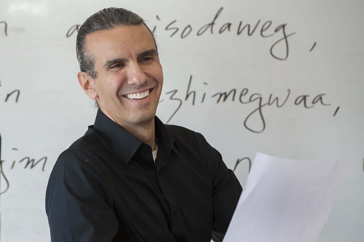 Anton Treuer, an Ojibwe author, speaker and professor, interacts with students while teaching his advanced Ojibwe class at Bemidji State University in Minnesota. Treuer is a leading scholar in preserving and expanding the use of the Ojibwe language. (Photo courtesy of Bemidji State University)
Indian Country Today