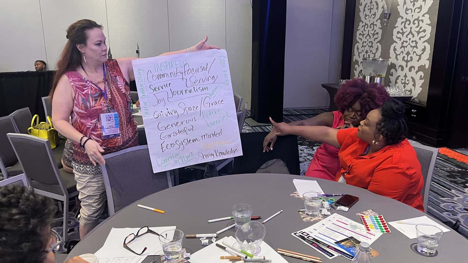 Alicia Hegland Thorpe, Bismarck Documenters manager, left, participated at the Kaleidoscope Live! journalism conference in Charlotte, N.C. on June 25. Candice Fortman, Outlier Media, Detroit Documenters, contributes to the discussion. (Photo credit/ Jodi Rave Spotted Bear)