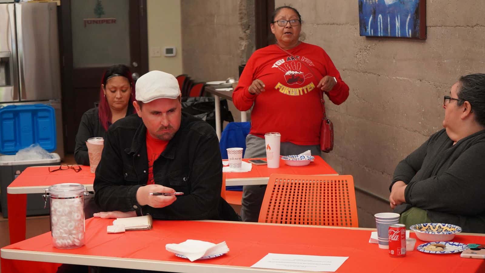Alva Cottonwood, who lives on the Standing Rock Reservation, asks questions during the first-ever Bismarck Documenters orientation on May 15. (Photo Credit, Jodi Rave Spotted Bear)