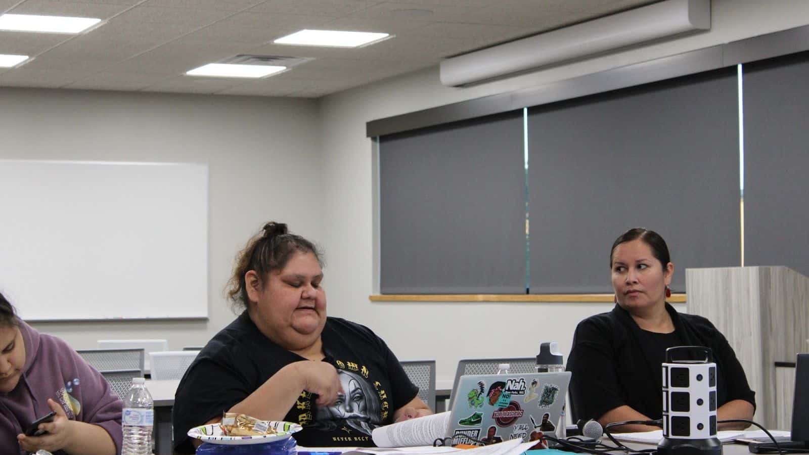 IPAC chairperson Billi Jo Beheler and secretary Valerie Siqueiros discuss plans to transition to an Indigenous governance structure and amend the bylaws accordingly during the next meeting on Oct. 29. (Photo credit/ Adrianna Adame)
