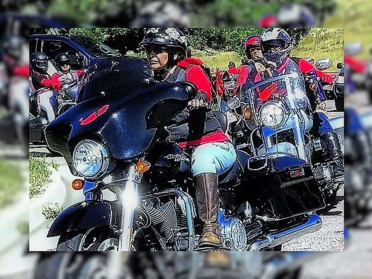 At the Aug. 9, 2020 Sturgis Medicine Wheel Ride, Native women bikers launch from the sacred site of Bear Butte to raise awareness about missing and murdered relatives. Photo credit/ Talli Nauman