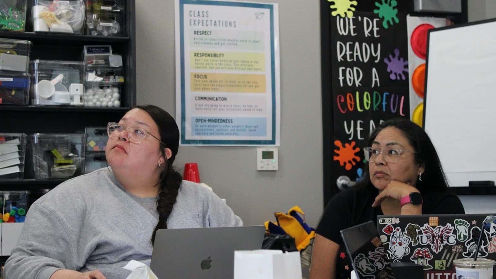 The Meadowlark Project will provide funding to 12 teacher education students interested in teaching in the field of special education once they complete their elementary education degree. Pictured are elementary education students Brashel Silk and Geneva Kazena, who are watching a video in class. (Photo credit/ Adrianna Adame)
