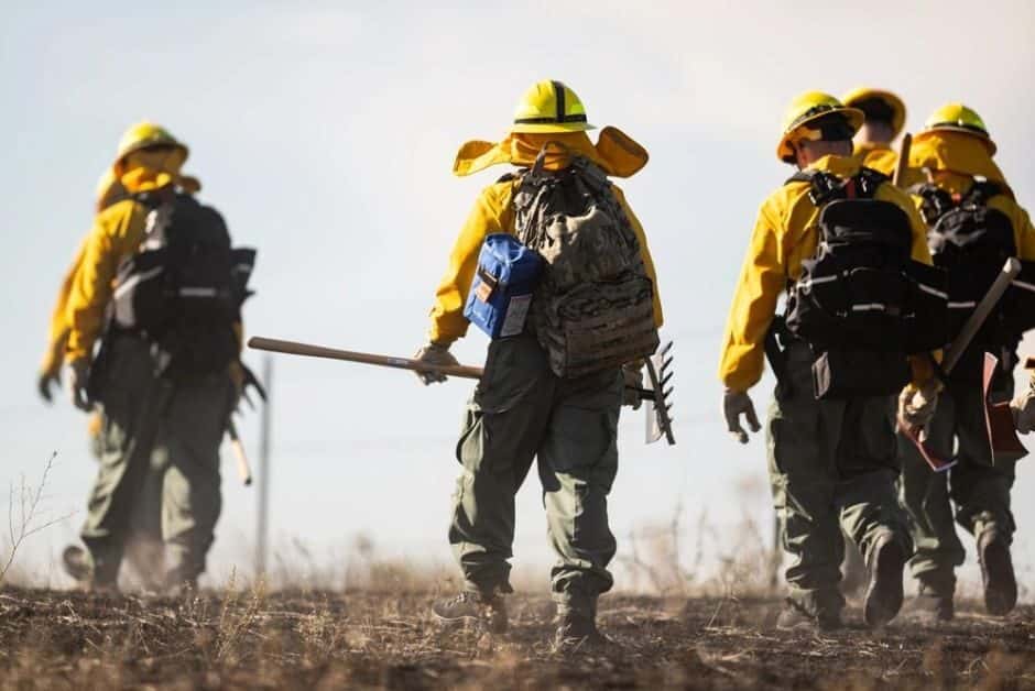 North Dakota National Guard soldiers and airmen worked with the Department of Emergency Services to build a handline and conducted a controlled burn to prevent the further spread of a wildfire near Mandaree on Oct. 6, 2024. Gov. Doug Burgum declared a statewide fire emergency and activated the North Dakota National Guard. (U.S. Army National Guard photo by Staff Sgt. Samuel J. Kroll, visual information photographer)