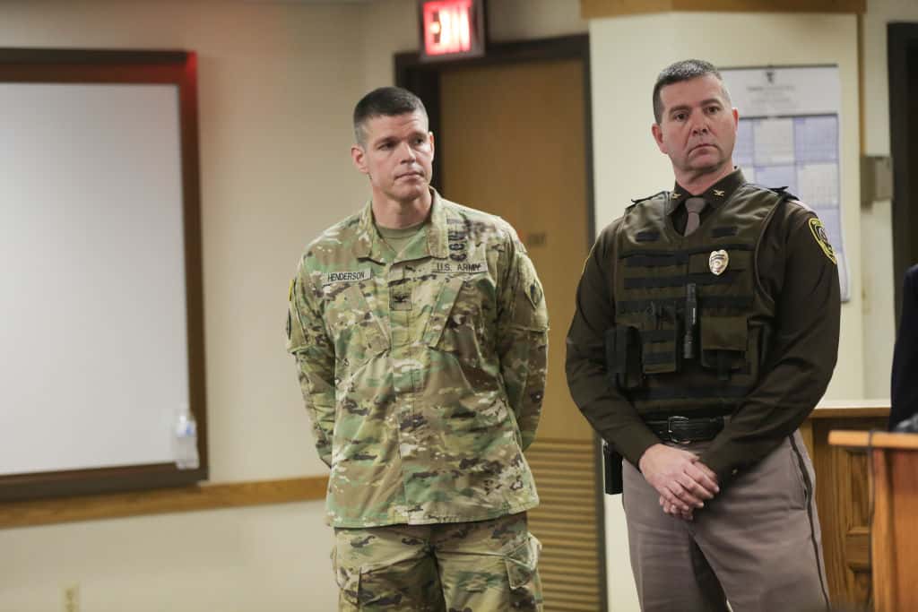 CANNON BALL, ND - FEBRUARY 22: Colonel John Henderson of the Army Corps, left, and Colonel Mike Gerhardt, superintendent of the North Dakota Highway Patrol, attend a press conference as North Dakota Governor Doug Burgum announces plans for the clean up of the Oceti Sakowin protest camp on February 22, 2017 in Mandan, North Dakota. Protesters and campers against the DAPL pipeline, at times numbering in the thousands, are now down to under a hundred. (Photo by Stephen Yang/Getty Images)