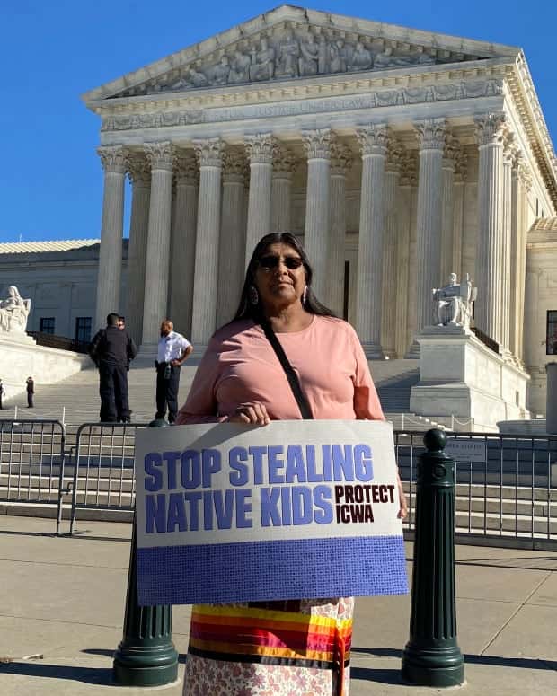 Bobbie Hamilton, Cheyenne and Arapaho Tribes, traveled 1,300 miles from Oklahoma to show support for the Indian Child Welfare Act in front of the U.S. Supreme Court in Washington, D.C., on November 9, 2022. (Photo by Jourdan Bennett-Begaye, ICT)