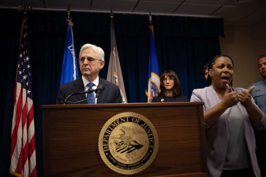 U.S. Attorney General Merrick Garland announces the results of a federal investigation into racist policing in Minneapolis on Friday, June 16, 2023. (Photo by H. Jiahong Pan, Minnesota Reformer)