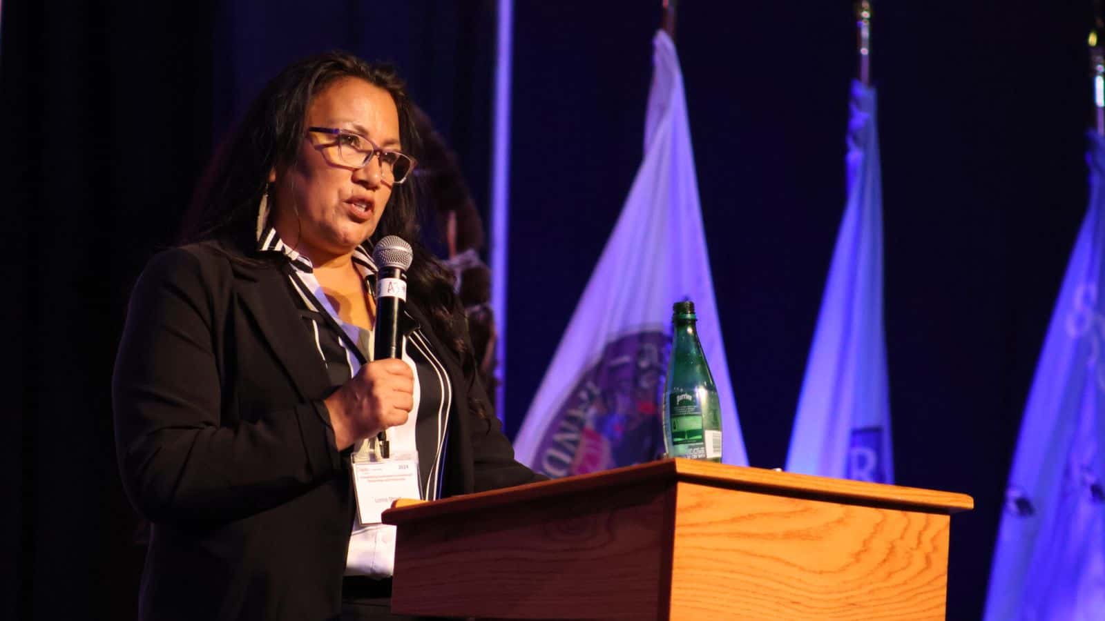Lonna Jackson-Street, chair of the Spirit Lake Nation, speaks during a summit between state and tribal leaders on June 25, 2024. She testified last week in support of a bill that seeks to restore a motor vehicle excise tax exemption for tribal citizens. (Mary Steurer/North Dakota Monitor)