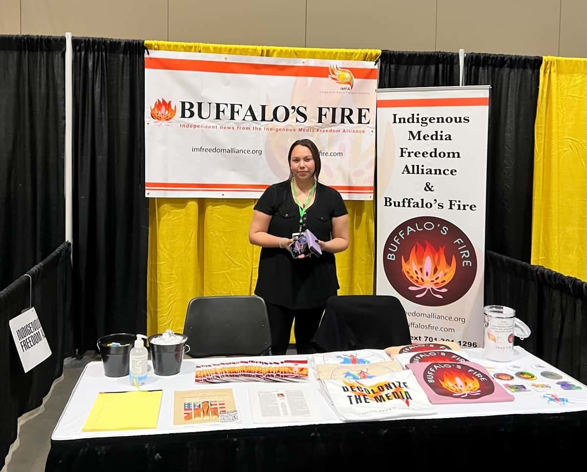 Castle Fox helped set up the Buffalo's Fire booth on Nov. 12 at the Ernest N. Morial Convention Center in New Orleans. Buffalo's Fire is the online news division of the Indigenous Media Freedom Alliance, a 501-c-3 nonprofit organization based in Bismarck, N.D.
