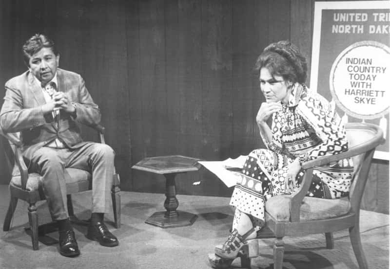 The late Harriett Skye on the set of Indian Country Today, a TV talk show she hosted from 1973-1984. Skye interviewed local, regional and national leaders on contemporary news and events making her one of the few talk show hosts in Native media history. PHOTO COURTESY DENNIS NEUMANN