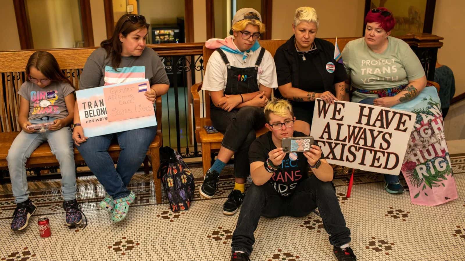 A group of plaintiff supporters watch a court hearing during Van Garderen et al v. State of Montana over Zoom at the Missoula County Courthouse on Monday, Sept. 18, 2023. Credit: John Stember / MTFP