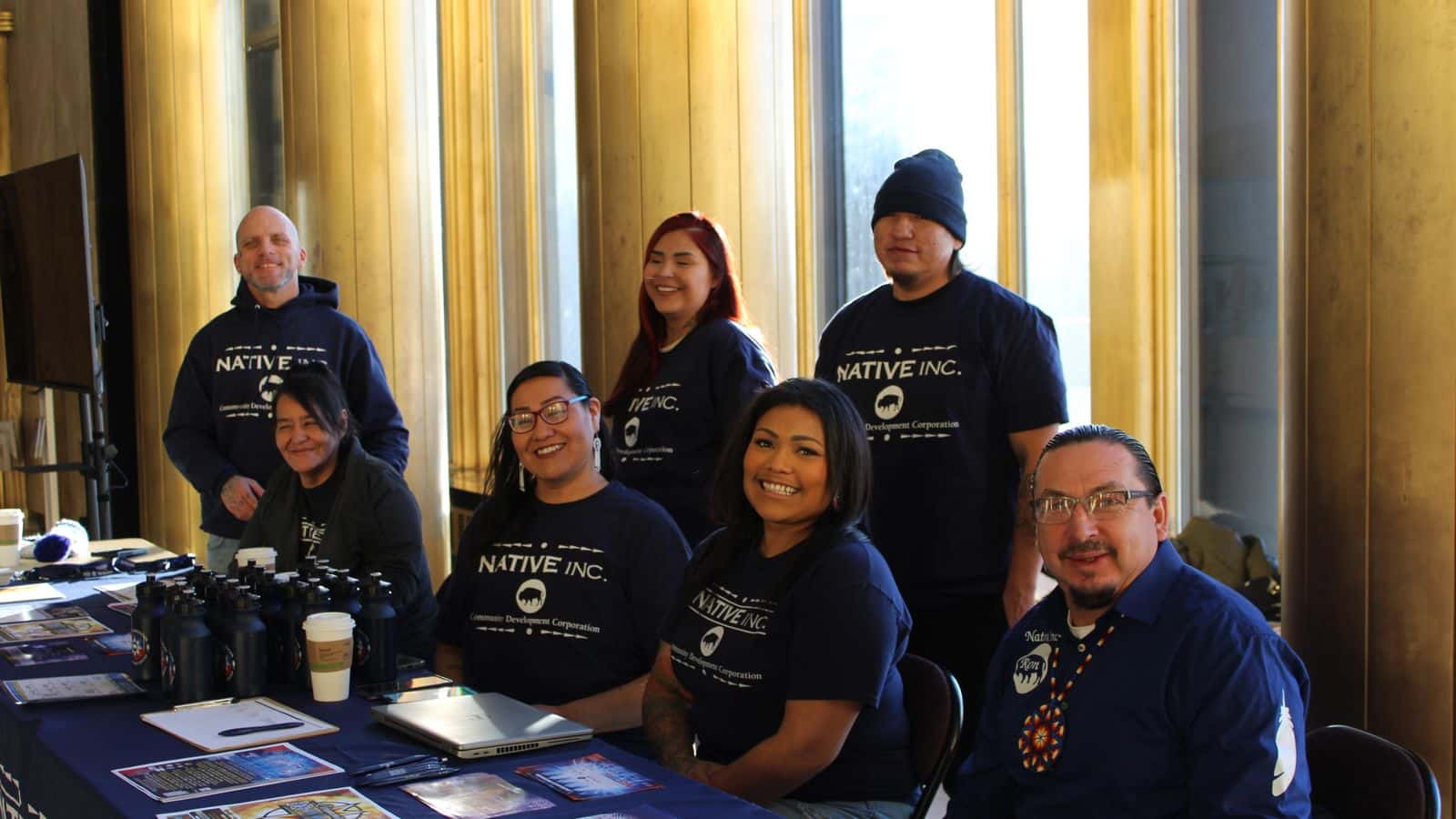 Native Inc. staff called for increased support for homelessness and recovery services during Advocacy Day at the North Dakota State Capitol on Jan. 14. Jasmine Massingill is pictured second seated from right, and Angela Tochek is seated on the far left. (Photo credit/ Adrianna Adame)