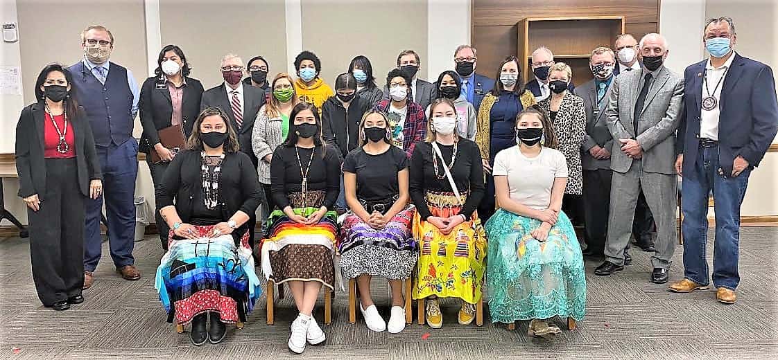 White Shield students join a North Dakota legislative committee on March 24 after 11-3 do-pass recommendation of a Native history bill. Students met with the Legislature's House of Representatives Education Committee. PHOTO COURTESY/Rep. Ruth Buffalo.