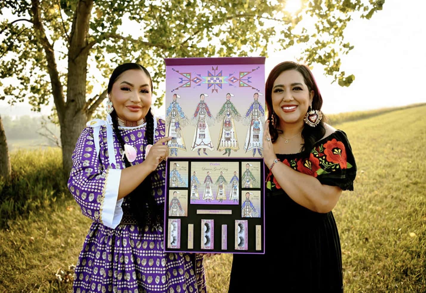 Cece Meadows, right, the owner of Prados Beauty company that makes vibrant cosmetics for Indigenous people and others, has a collaboration with Blackfeet designer Lauren Good Day that will use Good Day's ledger designs on packaging. Meadows, who is Xicana, Yaqui and Comanche, has a new deal to put the cosmetics lin in more than 600 JCPenney stores in 2023. (Photo courtesy of Prados Beauty)