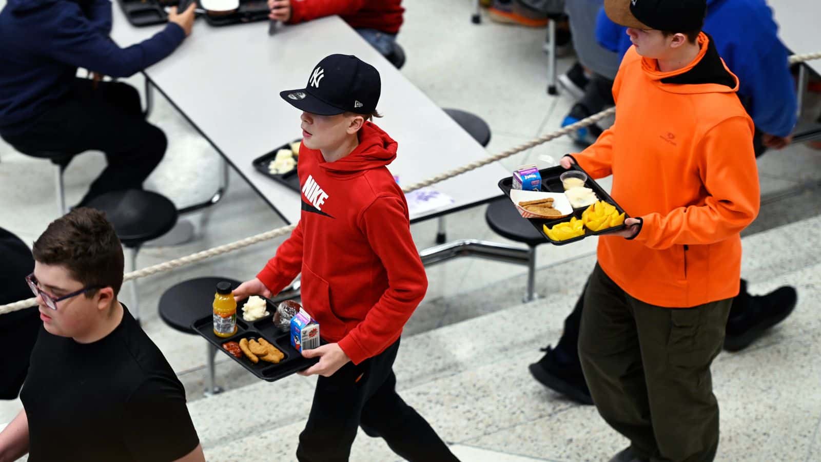 Students eat lunch at Carl Ben Eielson Middle School in Fargo on Jan. 22, 2025. Free school meal advocates in North Dakota are calling on the state Legislature to prioritize permanent funding to pay for meals. (Dan Koeck/For the North Dakota Monitor)