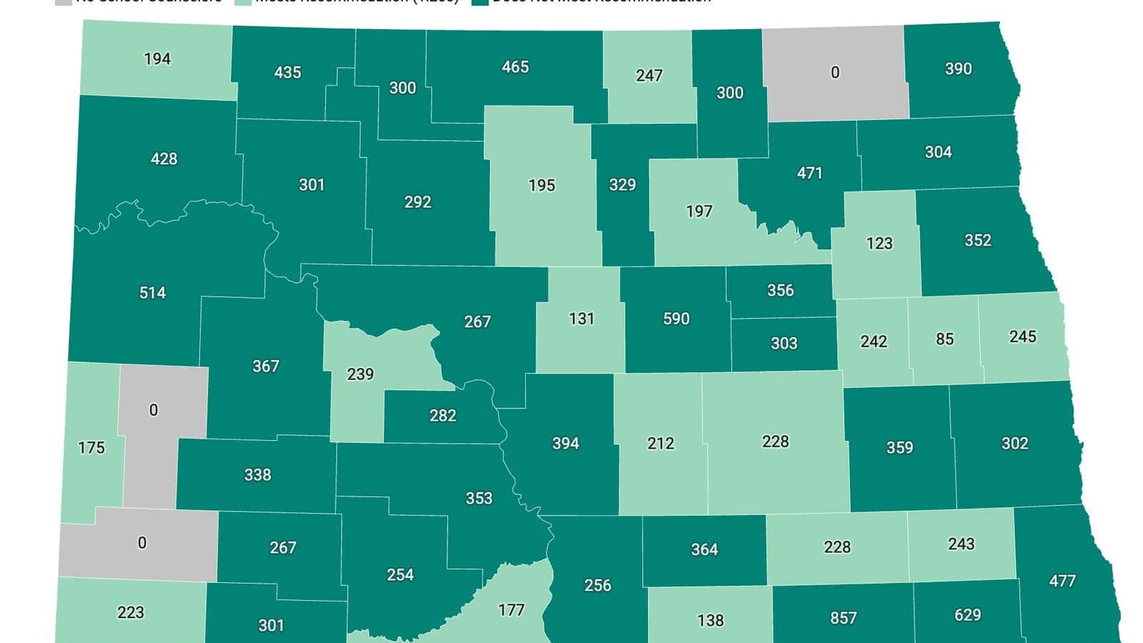 This graphic shows the number of school counselors there are to students across North Dakota counties using 2023 data. A check with Cavalier County found that they do now have a counselor in the school system there. A total of 35 counties do not meet the American School Counselor Association recommended ratio of one counselor to 250 students.