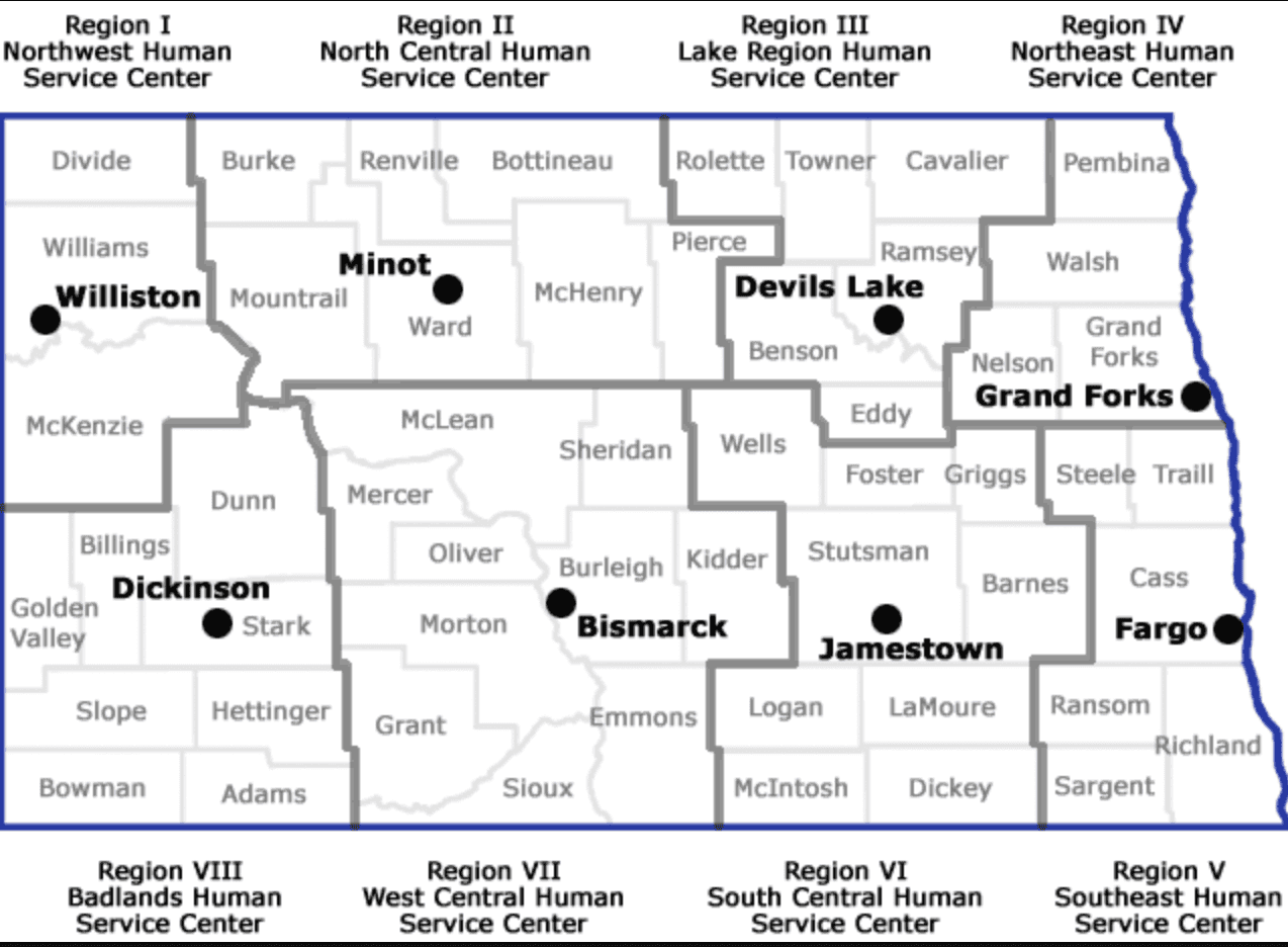 A map of the eight Human Service Center regions across North Dakota. From the Department of Health and Human Services.
