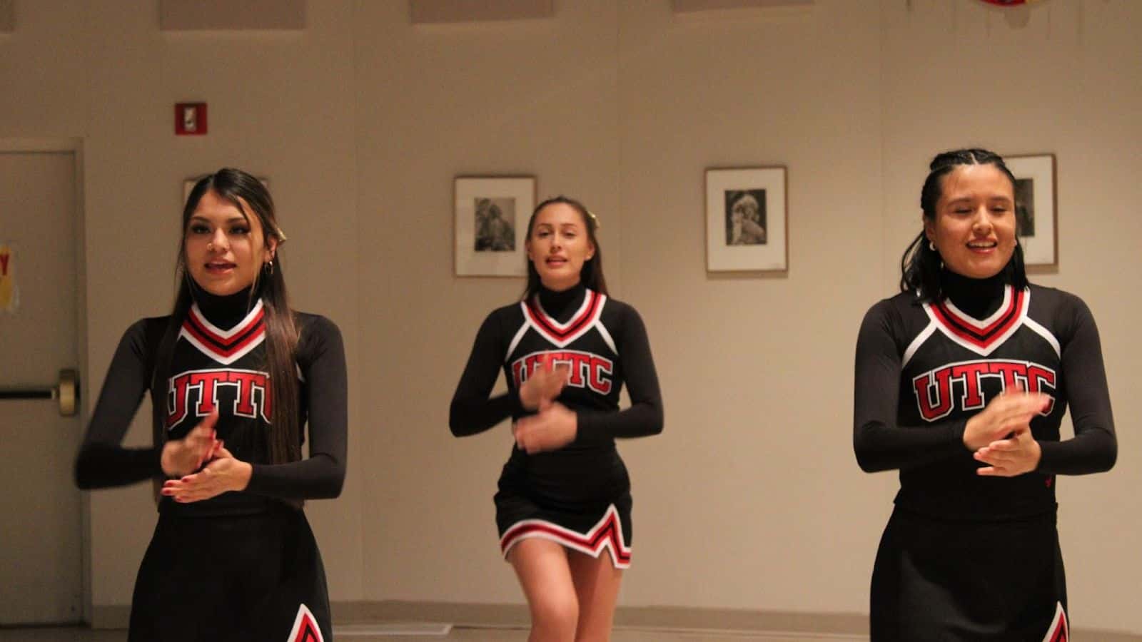 United Tribes Technical College introduced its cheer team last fall. Pictured from left to right: Hailey Eagleman, Selena Silk and Dominque Miner. (Photo credit/ Adrianna Adame)