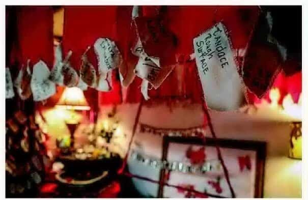Names of Missing and Murdered Indigenous Women hang inside the Red Ribbon Skirt Societies Center for Healing Prayer and Remembrance at the Racing Magpie in Rapid City. (Photo by Adam Fondren, Rapid City Journal Staff)