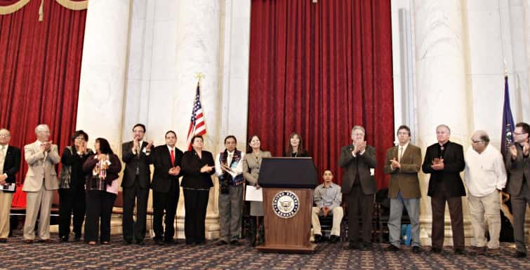 Tribal College presidents and leaders in the Kennedy Caucus Room in 2013 during the annual “AIHEC on the Hill” winter meetings in Washington, D.C.