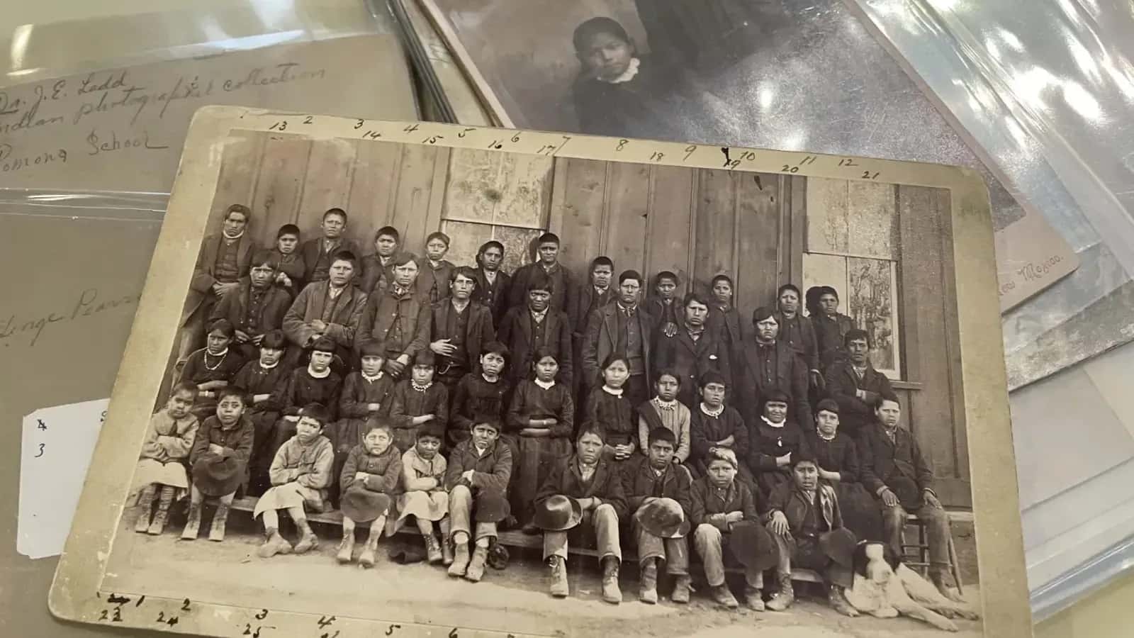 A photograph archived at the Center for Southwest Research at the University of New Mexico in Albuquerque shows a group of Indigenous students who attended the Ramona Industrial School in Santa Fe.
(AP Photo/Susan Montoya Bryan)