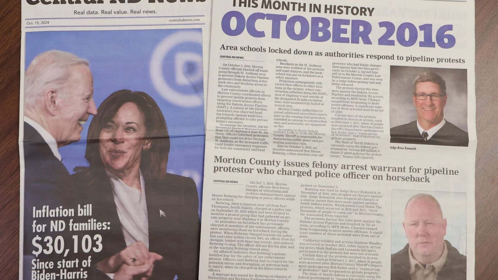 A print copy of the Central ND News, a conservative and pro-fossil fuel publication with unclear origins, was sent to some Mandan residents this fall. Environmental advocacy group Greenpeace has voiced concerns the mailer could influence jurors in its legal battle with pipeline company Energy Transfer. (Mary Steurer/North Dakota Monitor)