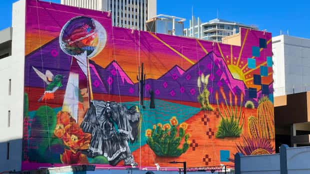 The Phoenix City Council on April 19, 2023, officially designated the second Monday in October as Indigenous Peoples' Day. This mural in downtown Phoenix was painted as part of Super Bowl LVII activities by Indigenous artist Lucinda Hinojos, the year's marquee artist for the Super Bowl. It is the largest NFL painted mural to date. (Photo by Dalton Walker, ICT)