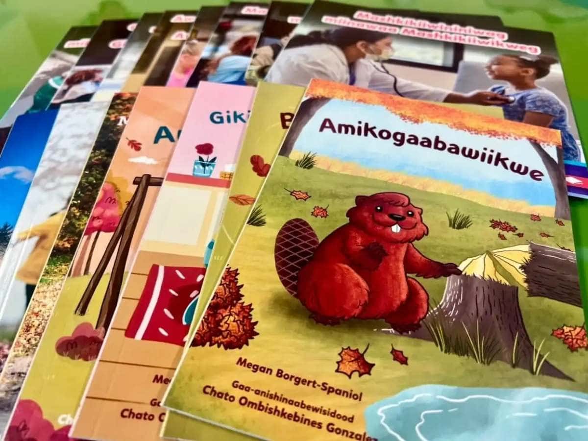 Children's books translated into Ojibwe in collaboration of Midwest Indigenous Immersion Network and Lerner Publishing Group published August 2024. (Chandra Colvin, MPR News)
