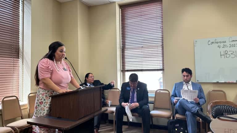 Sharen Kickingwoman, Blackfeet and A’anniii, representing the American Civil Liberties Union of Montana, speaks during public comment to the conference committee on April 28, 2023. (JoVonne Wagner, ICT and MTFP)