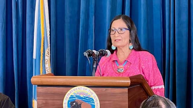 Interior Secretary Deb Haaland at the Interior Department's press conference on its federal boarding school investigation in Washington, D.C. on Wednesday, May 11, 2022. (Photo by Jourdan Bennett-Begaye, Indian Country Today)
Indian Country Today