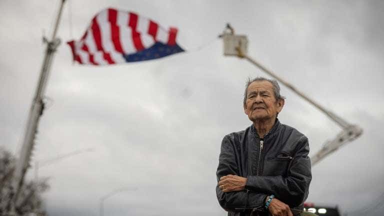 Irving Obtoe Cayedito, 78, from St. Micheals, Arizona pays his respects for late and former Navajo Nation President Peterson Zah during the procession Saturday morning in Window Rock. Zah died March 7, 2023. (Photo by Sharon Chischilly for Source N.M.)