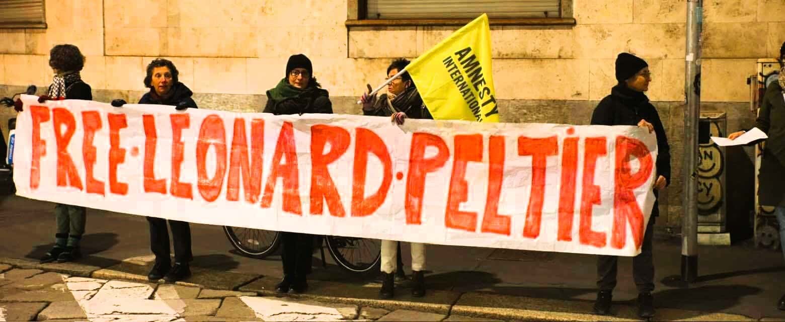 A sit-in at the U.S. consulate in Milan on Jan. 15 was one of actions worldwide that focused the attention of tens of thousands on freeing Leonard Peltier over decades. (Photo courtesy of Joseph Fremder and Raffaello Signore).