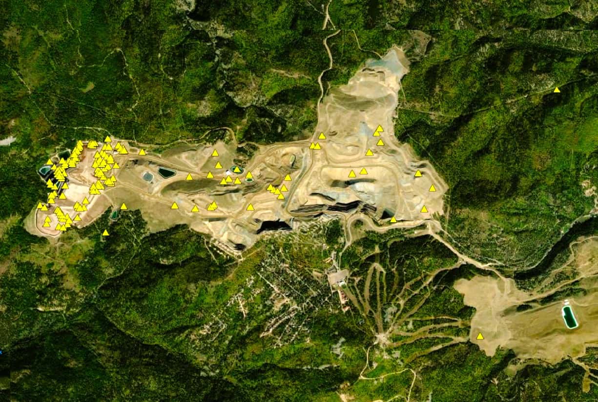 Department of Agriculture and Natural Resources map shows reported spills remediated and still under remediation in a 7.5 mile circumference of Wharf Gold Mine near Lead, South Dakota in the northern Black Hills. Photo credit/ Courtesy of SD DANR's interactive tool