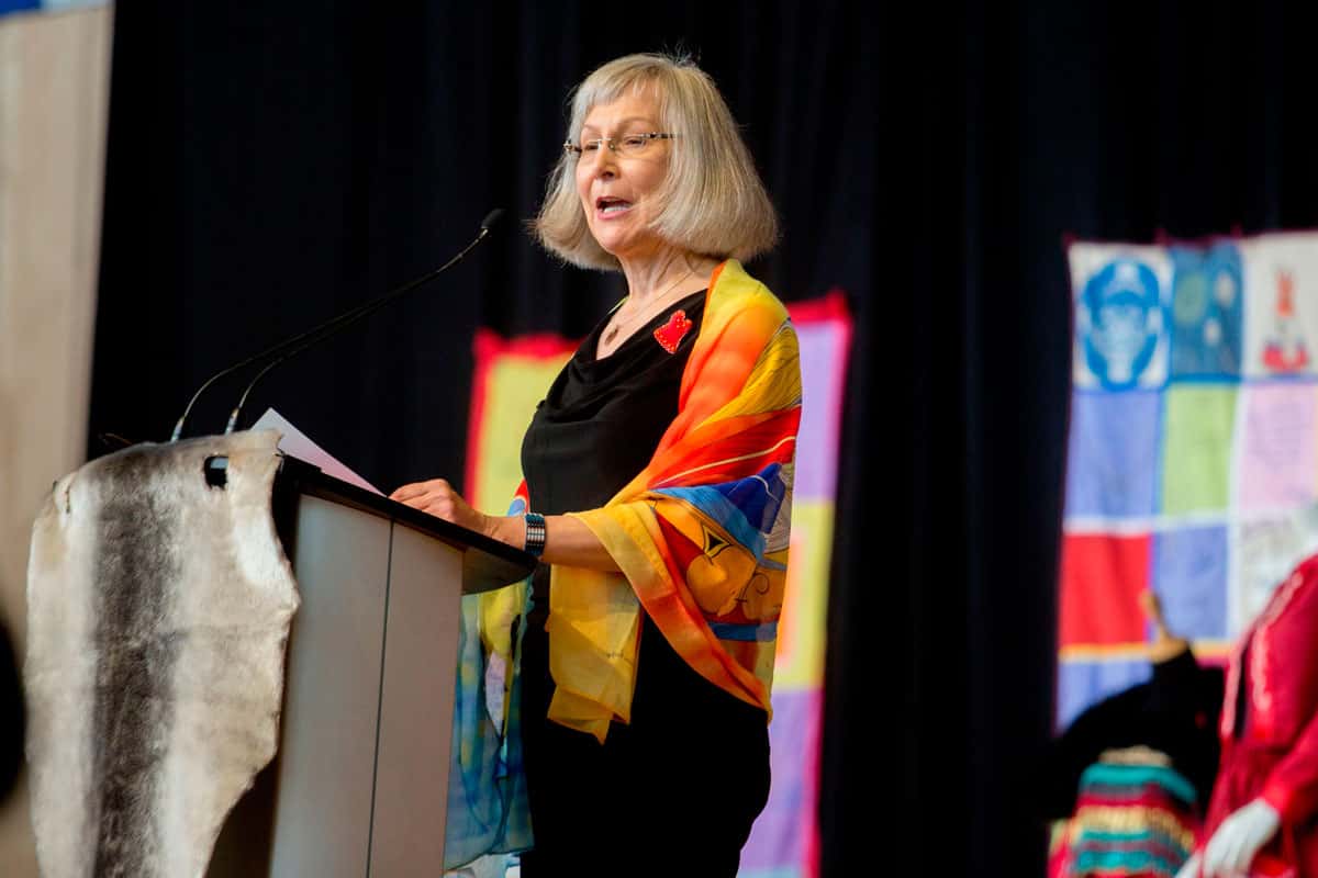 At the Inquiry's closing ceremony, Chief Commissioner Marion Buller said that “an absolute paradigm shift is required to dismantle colonialism in Canadian society.”
Chief Commissioner Marion Buller speaks at the closing ceremony marking the conclusion of the National Inquiry into Missing and Murdered Indigenous Women and Girls at the Museum of History in Gatineau, Quebec on June 3, 2019. - After two and a half years of hearings, a Canadian inquiry released its final report on the disappearance and death of hundreds, if not thousands of indigenous women, victims of endemic violence it controversially said amounted to "genocide." (Photo by Andrew Meade / AFP) (Photo credit should read ANDREW MEADE/AFP/Getty Images)