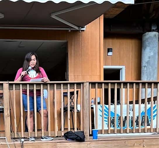 DeVille delivered a campaign speech at White Shield’s powwow on July 9.
Photo courtesy of Lisa DeVille.