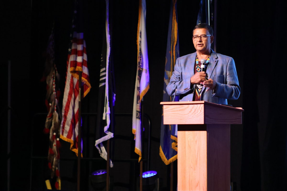 Mark Fox, chair of the Mandan, Hidatsa and Arikara Nation, speaks during a conference of tribal and state government leaders on June 26, 2024. (Mary Steurer/North Dakota Monitor)