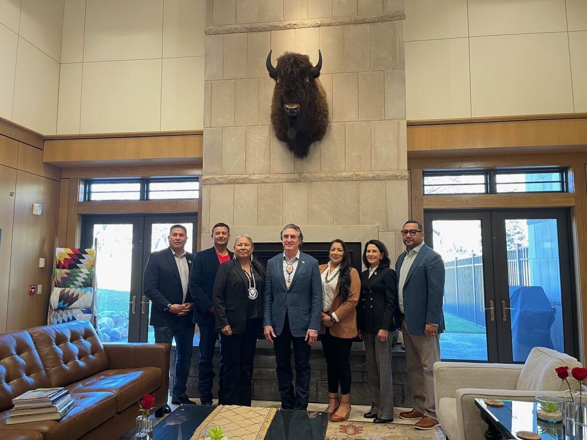 North Dakota Gov. Doug Burgum met with tribal leaders at the governor's mansion on Nov. 13. Left to right: Brad Hawk, ND Indian Affairs Commissioner, MHA Nation Chairman Mark Fox, Standing Rock Chairwoman Janet Alkire, Gov. Burgum, Spirit Lake Oyate Chairwoman Lonna Street, Lt. Governor Tami Miller and Sisseton Wahpeton Oyate Chairman J. Garrett Renville. (Photo courtesy Janet Alkire)