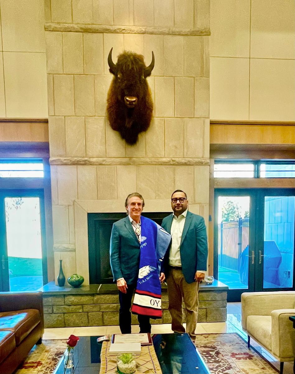 North Dakota Gov. Doug Burgum and Sisseton Wahpeton Oyate Chairman J. Garrett Renville pose for a photo in the Governor's mansion on Nov. 13. (Photo courtesy Garrett Renville)