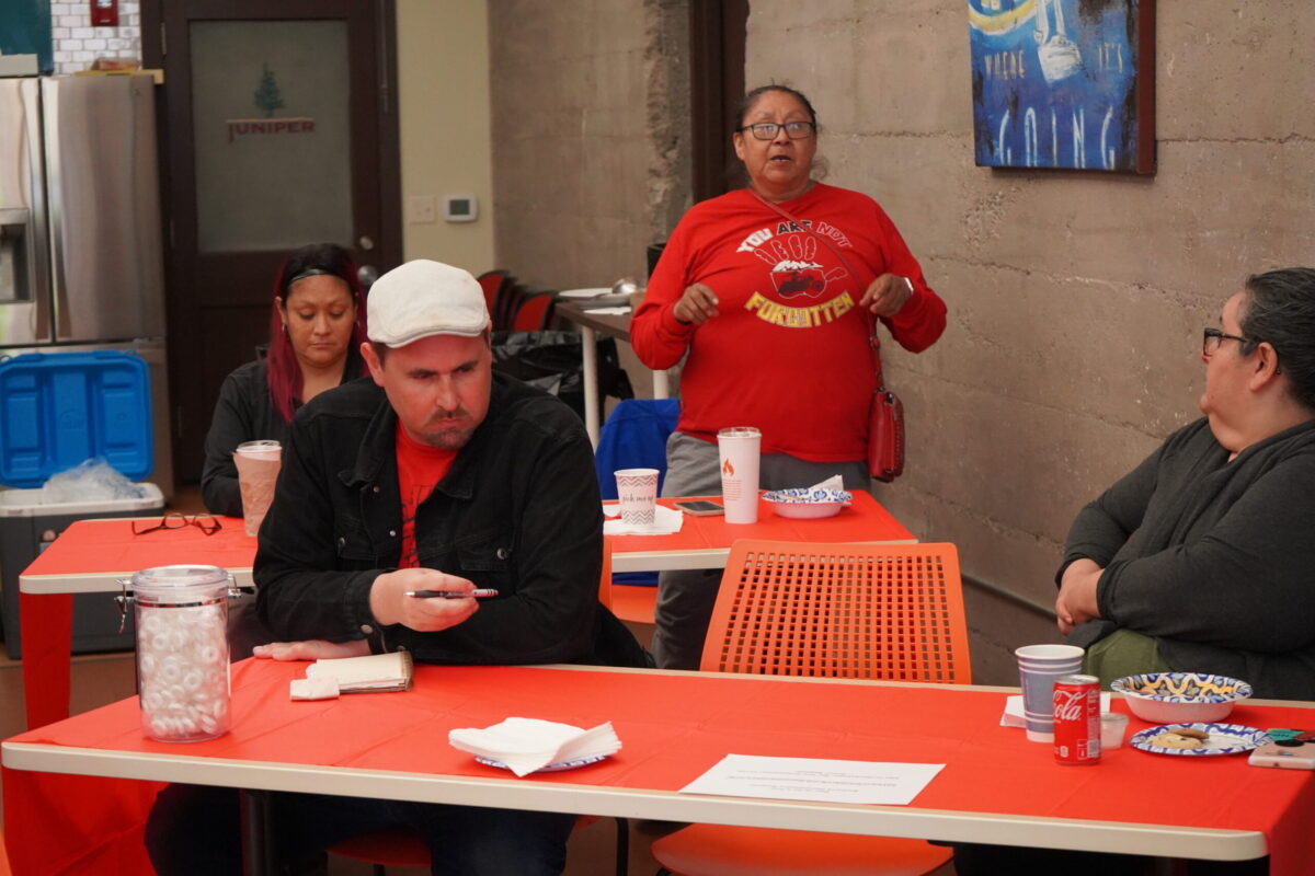 Alva Cottonwood, who lives on the Standing Rock Reservation, asks questions during the first-ever Bismarck Documenters orientation on May 15.  (Photo Credit, Jodi Rave Spotted Bear)