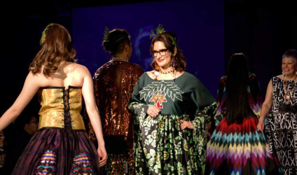Minnesota Lt. Gov. Peggy Flanagan, White Earth Nation, sports an outfits by Spirit Lake Dakota Nation fashion designer Rebecca Mousseau on April 25, 2024, at Quincy Hall in the Minneapolis, Minnesota. (Bella Haveman, special to ICT)
