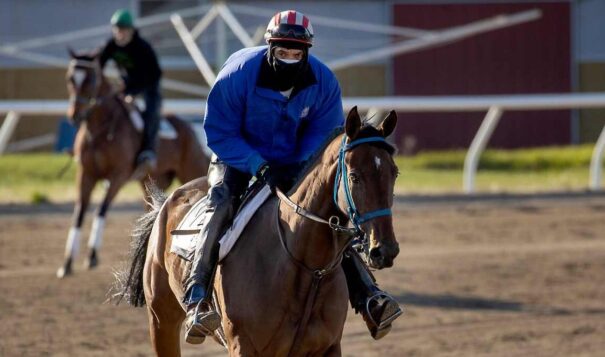 Jake Barton trains a horse in the Canterbury Park practice track during the first day that horses were allowed on Canterbury track due to caronavirus, Tuesday, May 12, 2020 in Shakopee, Minn. (Elizabeth Flores, Star Tribune via AP)